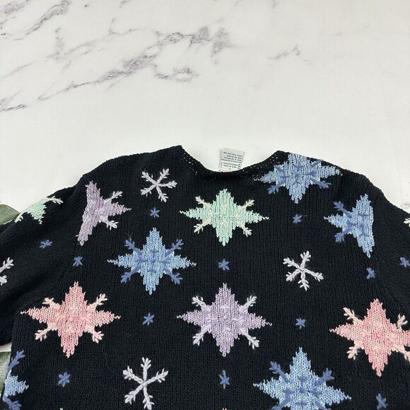 Talbots Womens Vintage 90s Snowflake Cardigan Sweater Size L Black Blue Holiday - Picture 9 of 12